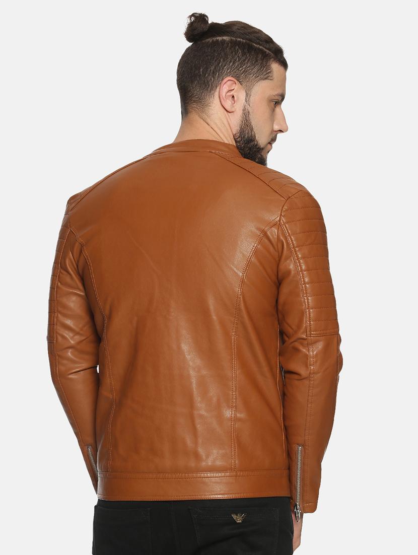 brown solid pu biker jacket - 17427160 - Zoom Image - 3