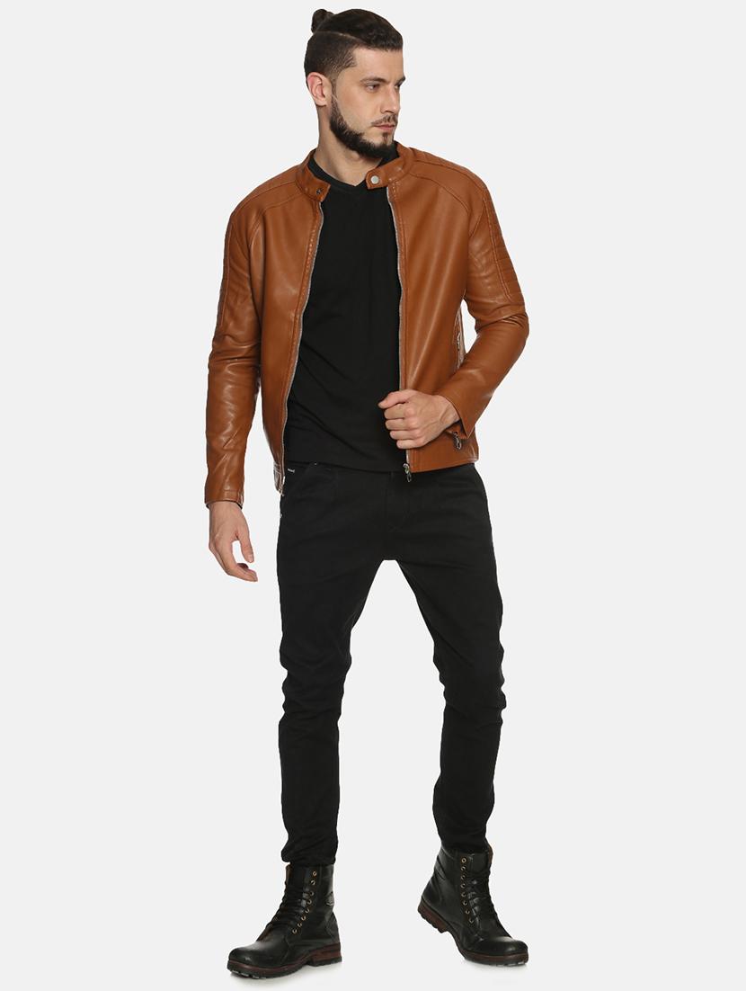 brown solid pu biker jacket - 17427160 - Zoom Image - 4