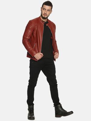 maroon solid pu biker jacket - 17427162 - Standard Image - 4