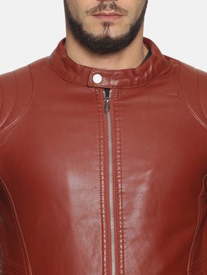 maroon solid pu biker jacket - 17427162 - Standard Image - 5