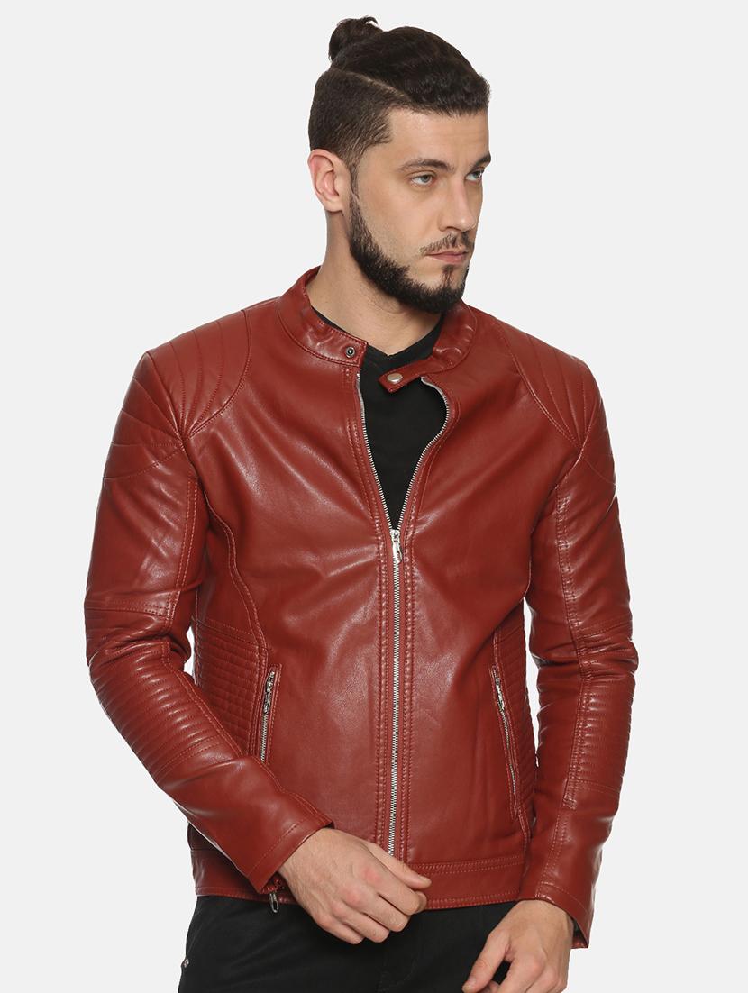 maroon solid pu biker jacket - 17427162 - Zoom Image - 1
