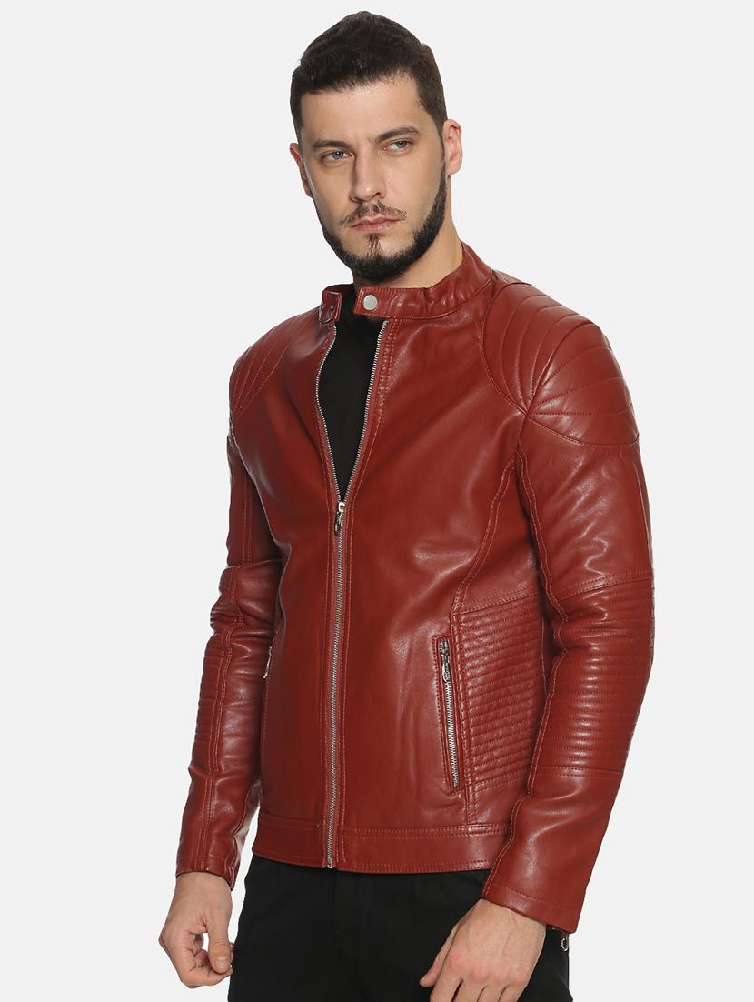 maroon solid pu biker jacket - 17427162 - Zoom Image - 2