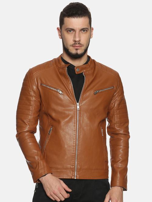 brown solid pu biker jacket - 17427163 - Standard Image - 1