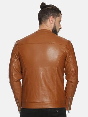 brown solid pu biker jacket - 17427163 - Standard Image - 3