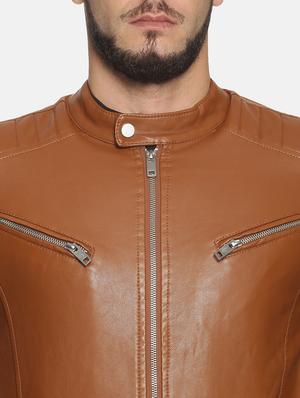 brown solid pu biker jacket - 17427163 - Standard Image - 5