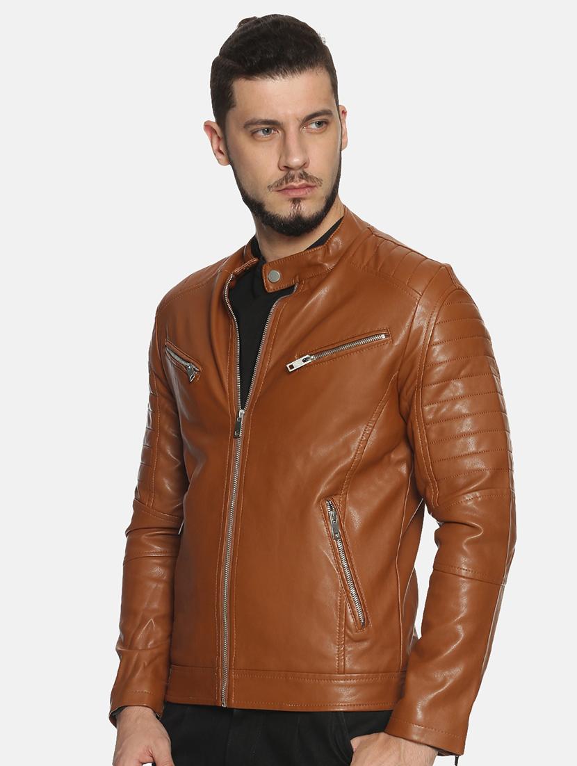 brown solid pu biker jacket - 17427163 - Zoom Image - 2
