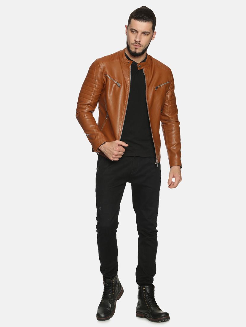 brown solid pu biker jacket - 17427163 - Zoom Image - 4