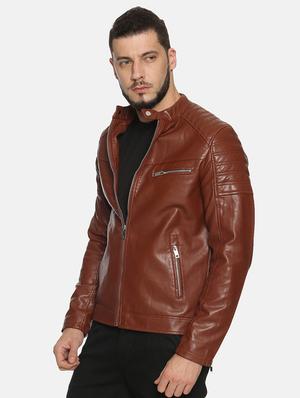 brown solid pu biker jacket - 17427164 - Standard Image - 2