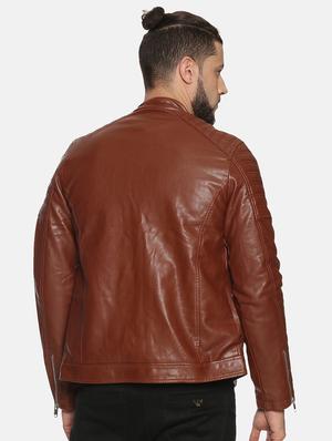 brown solid pu biker jacket - 17427164 - Standard Image - 3