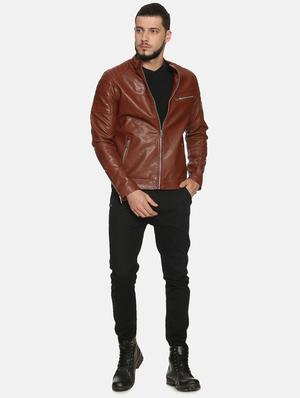 brown solid pu biker jacket - 17427164 - Standard Image - 4