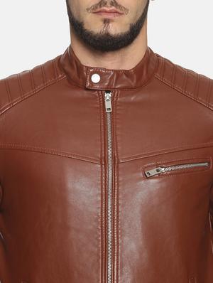 brown solid pu biker jacket - 17427164 - Standard Image - 5