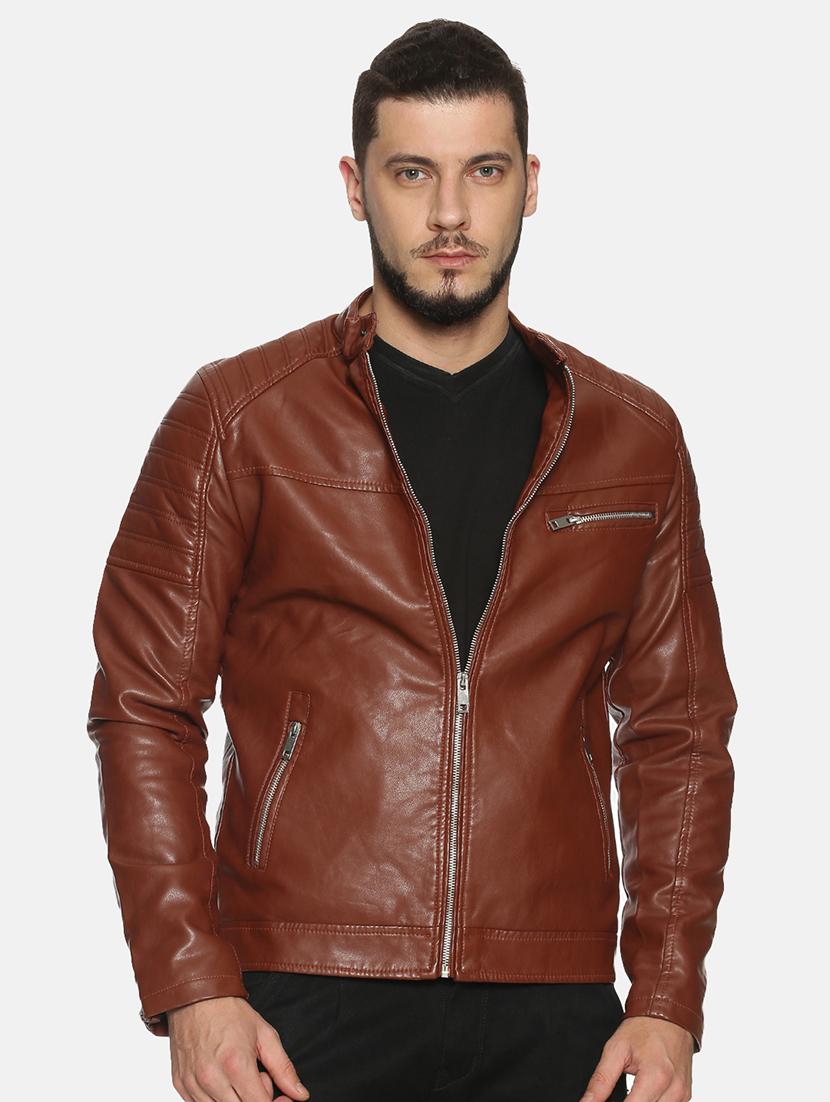 brown solid pu biker jacket - 17427164 - Zoom Image - 1