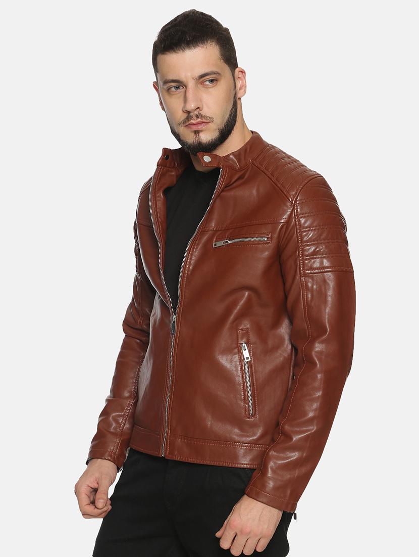 brown solid pu biker jacket - 17427164 - Zoom Image - 2