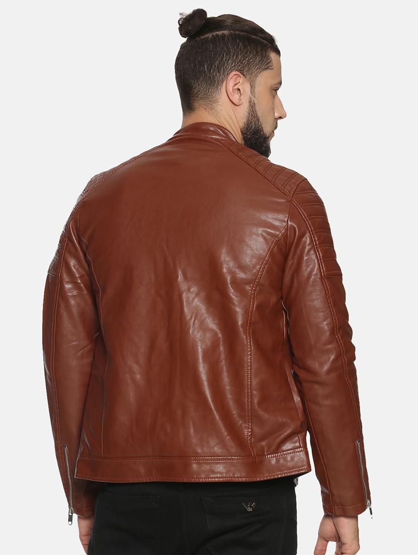 brown solid pu biker jacket - 17427164 - Zoom Image - 3