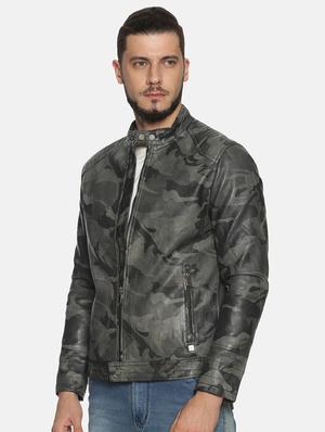 grey camouflage pu biker jacket - 17427168 - Standard Image - 2