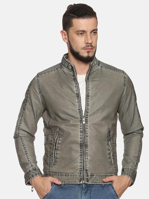 grey solid pu biker jacket - 17427172 - Standard Image - 1