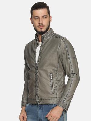 grey solid pu biker jacket - 17427172 - Standard Image - 2