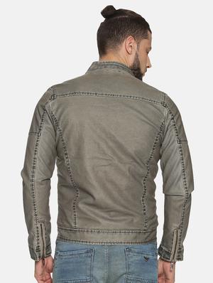 grey solid pu biker jacket - 17427172 - Standard Image - 3