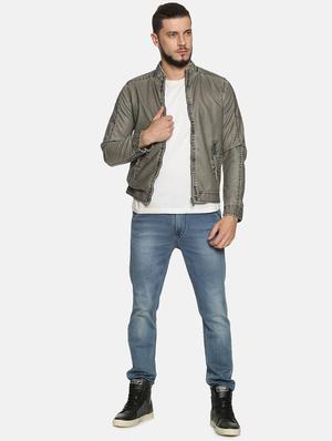grey solid pu biker jacket - 17427172 - Standard Image - 4