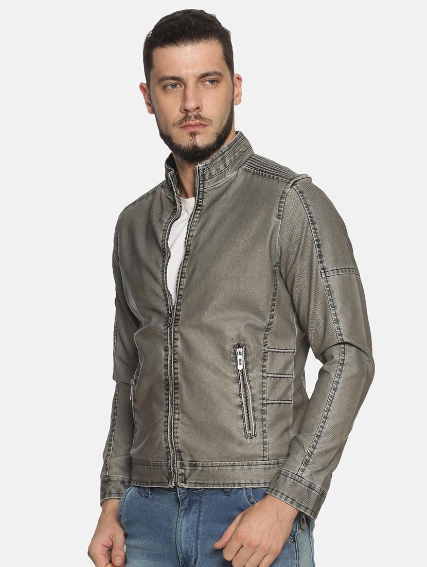 grey solid pu biker jacket - 17427172 - Zoom Image - 2