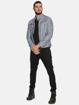 blue solid pu biker jacket - 17427173 - Standard Image - 4