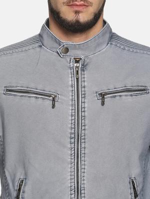 blue solid pu biker jacket - 17427173 - Standard Image - 5