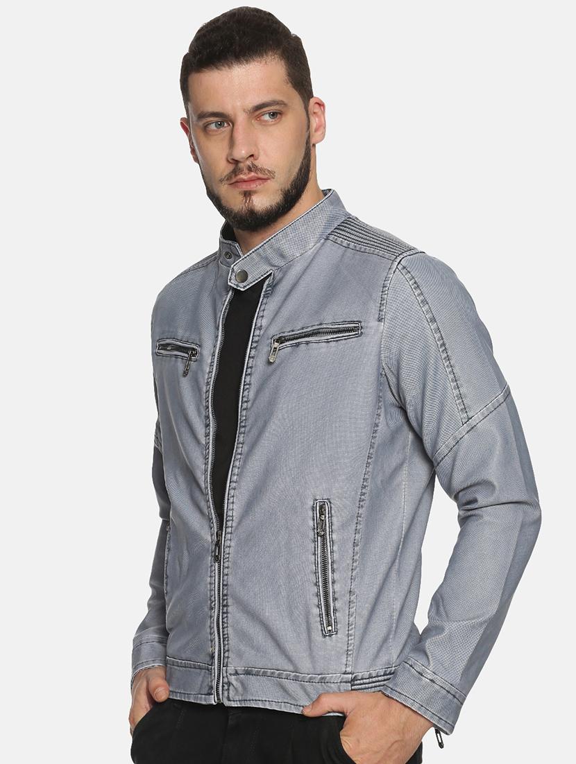 blue solid pu biker jacket - 17427173 - Zoom Image - 2