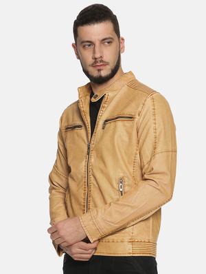 tan solid pu biker jacket - 17427174 - Standard Image - 2