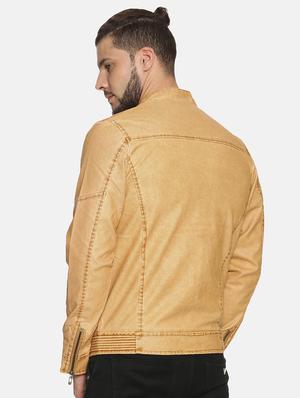 tan solid pu biker jacket - 17427174 - Standard Image - 3