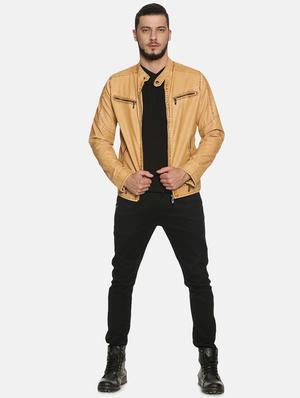 tan solid pu biker jacket - 17427174 - Standard Image - 4