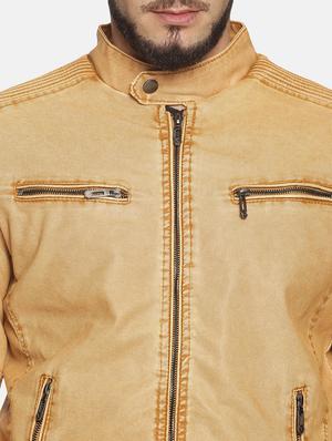 tan solid pu biker jacket - 17427174 - Standard Image - 5