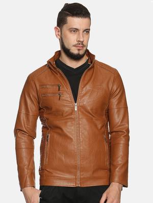 brown solid pu biker jacket - 17427175 - Standard Image - 2