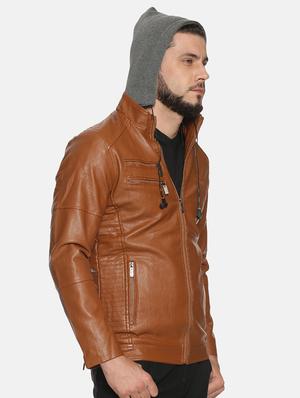 brown solid pu biker jacket - 17427175 - Standard Image - 3