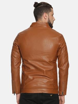 brown solid pu biker jacket - 17427175 - Standard Image - 4