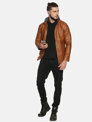 brown solid pu biker jacket - 17427175 - Standard Image - 5