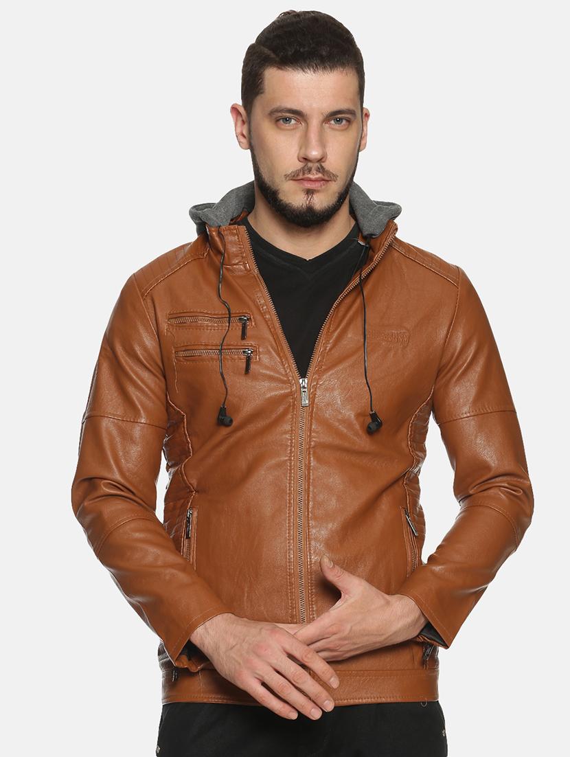 brown solid pu biker jacket - 17427175 - Zoom Image - 1