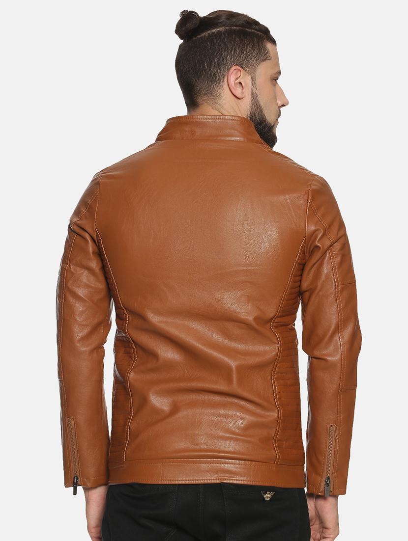 brown solid pu biker jacket - 17427175 - Zoom Image - 4