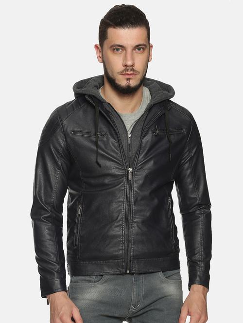 navy blue solid pu biker jacket - 17427180 - Standard Image - 1