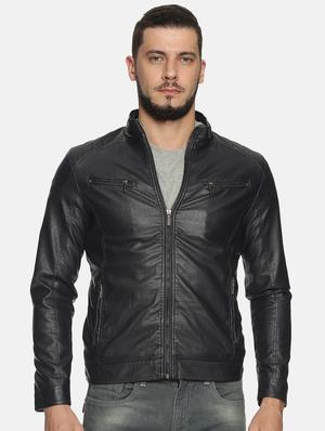 navy blue solid pu biker jacket - 17427180 - Standard Image - 2