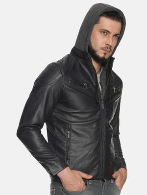 navy blue solid pu biker jacket - 17427180 - Standard Image - 3
