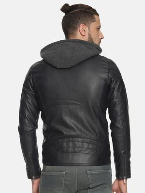 navy blue solid pu biker jacket - 17427180 - Standard Image - 4