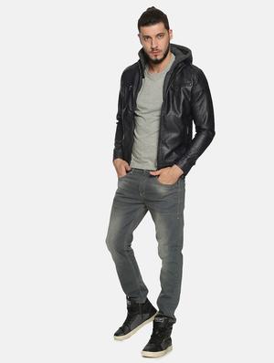 navy blue solid pu biker jacket - 17427180 - Standard Image - 5