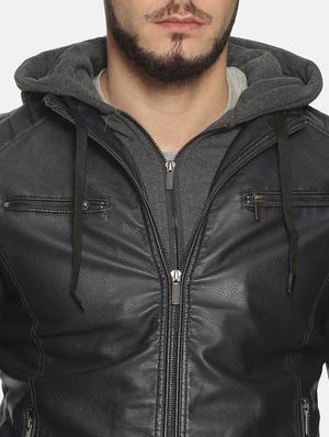 navy blue solid pu biker jacket - 17427180 - Standard Image - 6