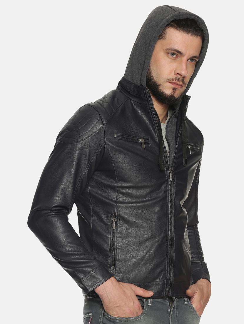 navy blue solid pu biker jacket - 17427180 - Zoom Image - 3