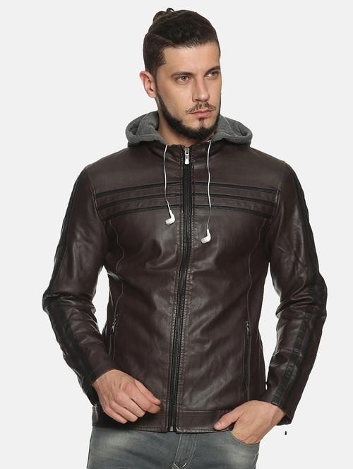 brown taped pu biker jacket - 17427184 - Standard Image - 1