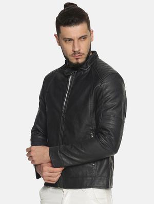 navy blue solid pu biker jacket - 17427187 - Standard Image - 2