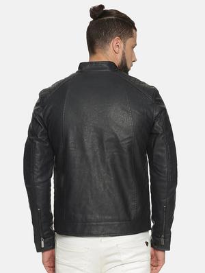 navy blue solid pu biker jacket - 17427187 - Standard Image - 3
