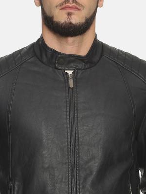 navy blue solid pu biker jacket - 17427187 - Standard Image - 4