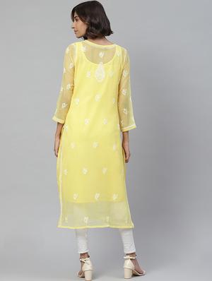 ada hand-embroidered yellow georgette chikankari straight kurta - 17428066 - Standard Image - 3