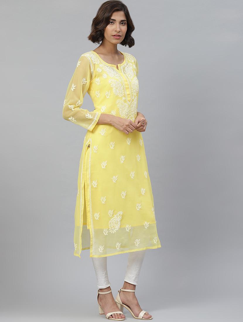 ada hand-embroidered yellow georgette chikankari straight kurta - 17428066 - Zoom Image - 2
